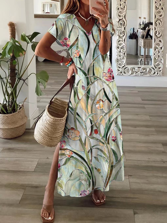 Damen Geblümt Kurzarm Sommer Print Kleid V-Ausschnitt Täglich Lässig Maxikleid X-Linie Kleid
