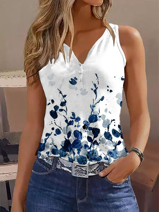 Damen Ärmellos Tanktop Oberteile Leibchen Sommer Geblümt Print V-Ausschnitt Täglich Lässig Oberteile