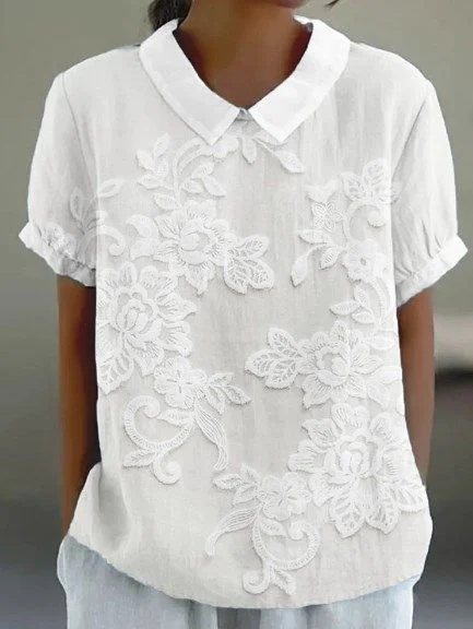 Damen Geblümt Kurzarm Bluse Sommer Print Schalkragen Täglich Lässig Oberteile