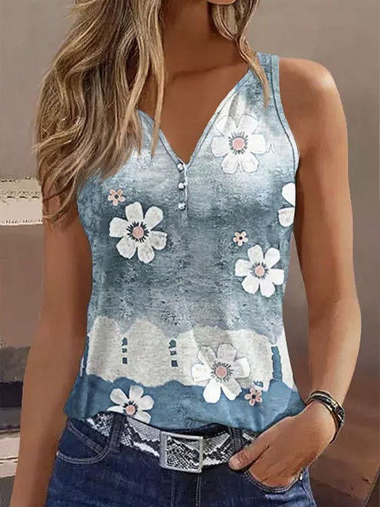 Damen Ärmellos Tanktop Oberteile Leibchen Sommer Geblümt Print V-Ausschnitt Täglich Lässig Oberteile