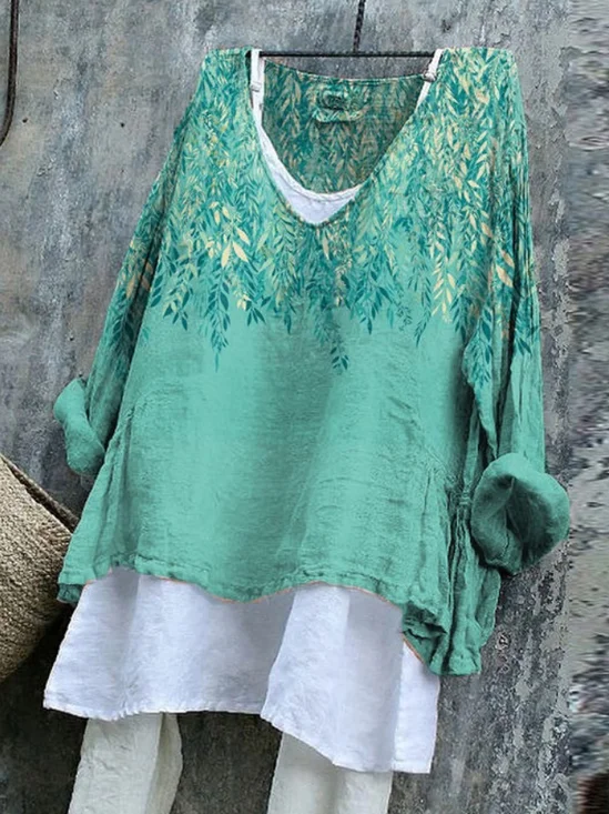 Damen Pflanzen Langarm T-Shirts T-Shirt V-Ausschnitt Retro Frühling/Herbst Oberteile
