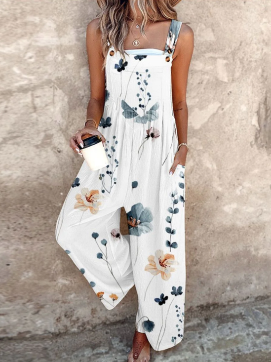 Damen Geblümt Karree-Ausschnitt Gallus Lässig Sommer Baumwolle Leinen Jumpsuit