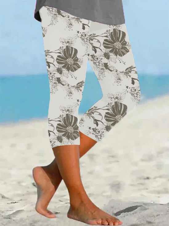 Damen Geblümt Caprihosen Elastische Taille Hose Lässig Sommer Hose