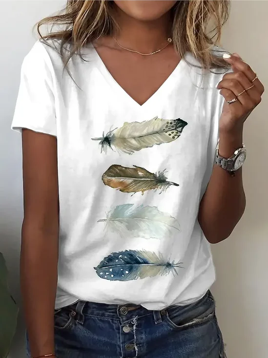 Damen Feder Kurzarm T-Shirts T-Shirt V-Ausschnitt Print Lässig Sommer T-Shirt mit Grafik Oberteile