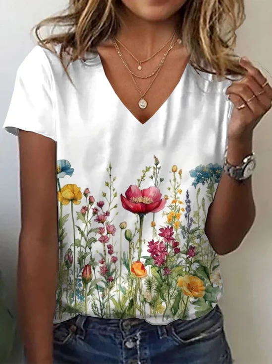Damen Geblümt Kurzarm T-Shirts T-Shirt V-Ausschnitt Print Lässig Sommer T-Shirt mit Grafik Oberteile