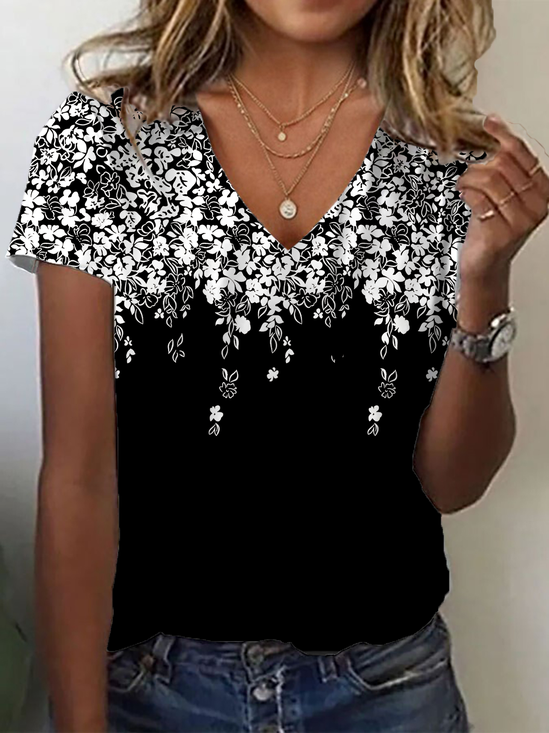 Damen Geblümt Kurzarm T-Shirts T-Shirt V-Ausschnitt Print Lässig Sommer T-Shirt mit Grafik Oberteile