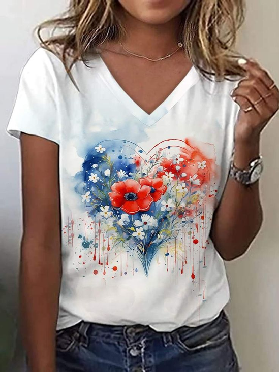 Damen Geblümt Kurzarm T-Shirts T-Shirt V-Ausschnitt Print Lässig Sommer T-Shirt mit Grafik Oberteile