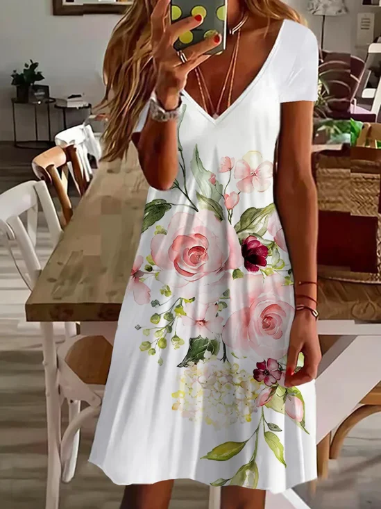 Damen Geblümt Kurzarm Sommer Print Kleid V-Ausschnitt Täglich Lässig Midi Passen & Flare Kleid A-Linien-Kleid