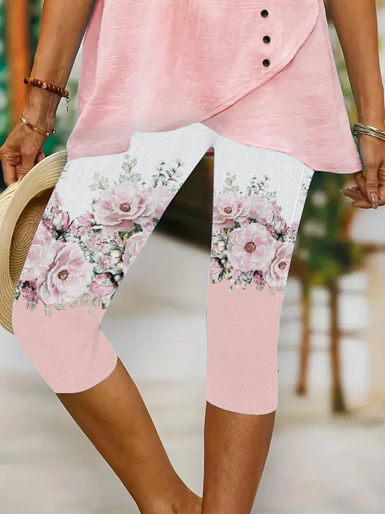 Damen Geblümt Caprihosen Elastische Taille Hose Lässig Sommer Hose