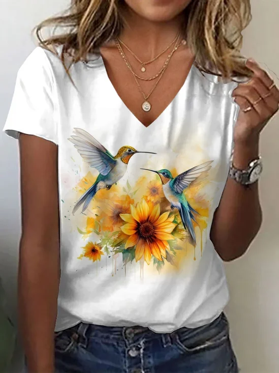 Damen Geblümt Kurzarm T-Shirts T-Shirt V-Ausschnitt Print Lässig Sommer T-Shirt mit Grafik Oberteile