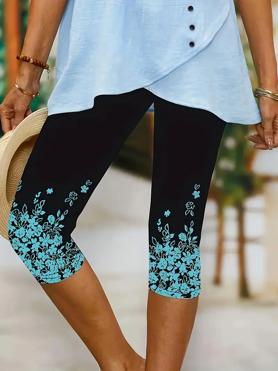 Damen Geblümt Caprihosen Elastische Taille Hose Lässig Sommer Hose
