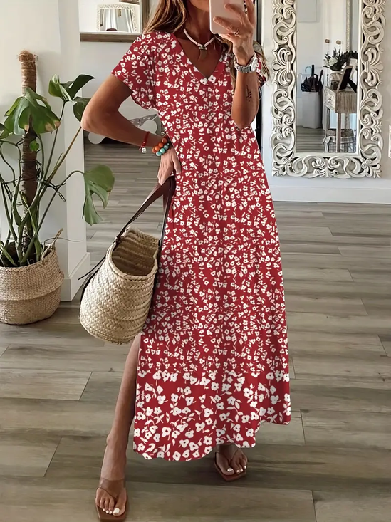 Damen Geblümt Kurzarm Sommer Kleid V-Ausschnitt Täglich Lässig Maxikleid X-Linie Kleid