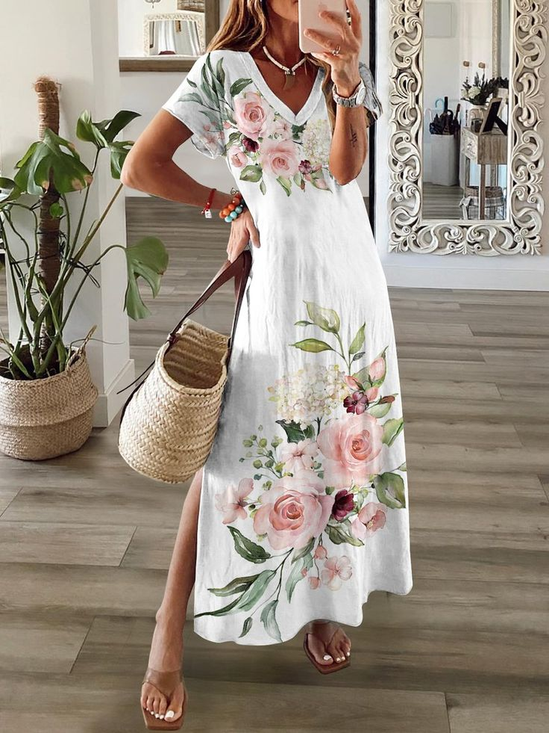 Damen Geblümt Kurzarm Sommer Print Kleid V-Ausschnitt Täglich Lässig Maxikleid X-Linie Kleid