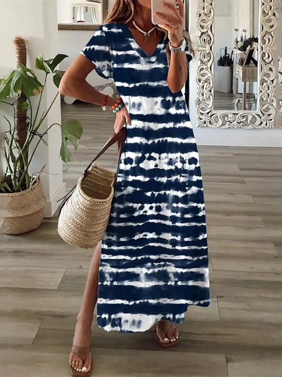 Damen Abstrakt Kurzarm Sommer Print Kleid V-Ausschnitt Täglich Lässig Maxikleid X-Linie Kleid