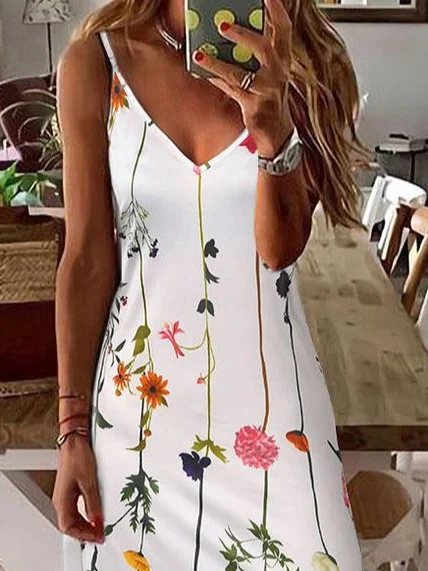 Damen Geblümt Ärmellos Sommer Print Kleid V-Ausschnitt Täglich Lässig Maxikleid Unterhose Kleid X-Linie Kleid