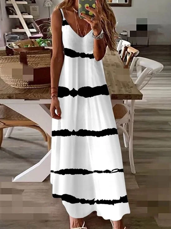 Damen Gestreift Ärmellos Sommer Print Kleid V-Ausschnitt Täglich Lässig Maxikleid Unterhose Kleid X-Linie Kleid