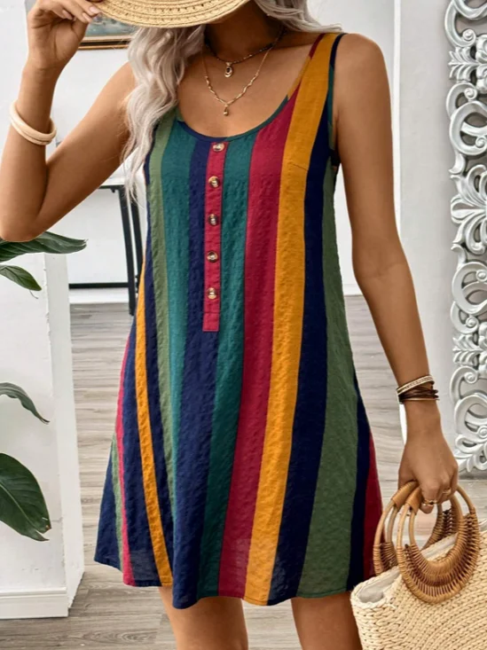 Damen Gestreift Ärmellos Sommer Print Kleid Rundhals Täglich Lässig Midi Tanktop X-Linie Kleid