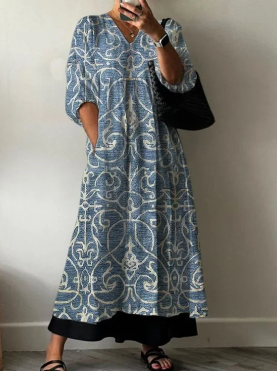Damen Geblümt Halbarm Sommer Print Kleid V-Ausschnitt Täglich Lässig Maxikleid A-Linien-Kleid
