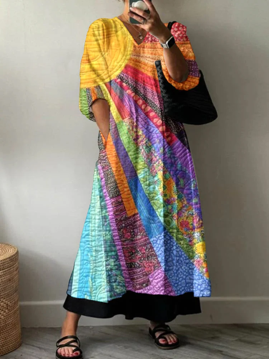 Damen Hippie Halbarm Sommer Print Kleid V-Ausschnitt Täglich Lässig Maxikleid A-Linien-Kleid