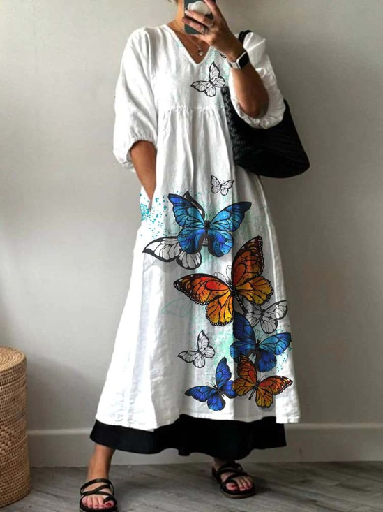 Damen Schmetterling Halbarm Sommer Print Kleid V-Ausschnitt Täglich Lässig Maxikleid A-Linien-Kleid