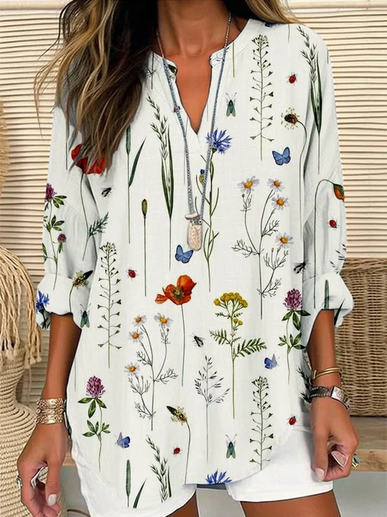 Damen Geblümt Langarm Bluse Frühling/Herbst Print V-Ausschnitt Täglich Lässig Oberteile