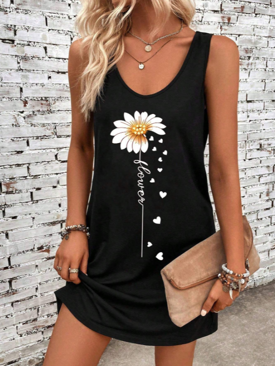 Damen Geblümt Ärmellos Sommer Print Kleid Rundhals Täglich Lässig Midi Tanktop X-Linie Kleid