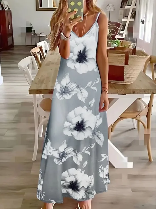Damen Geblümt Ärmellos Sommer Print Kleid V-Ausschnitt Täglich Lässig Maxikleid Unterhose Kleid X-Linie Kleid