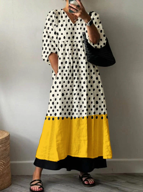 Damen Polka Dots Halbarm Sommer Print Kleid V-Ausschnitt Täglich Lässig Maxikleid A-Linien-Kleid