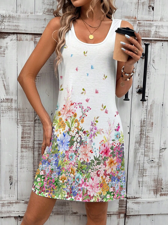 Damen Geblümt Ärmellos Sommer Print Kleid Rundhals Täglich Lässig Midi Tanktop X-Linie Kleid