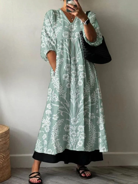 Damen Geblümt Halbarm Sommer Print Kleid V-Ausschnitt Täglich Lässig Maxikleid A-Linien-Kleid