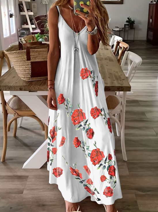 Damen Geblümt Ärmellos Sommer Print Kleid V-Ausschnitt Täglich Lässig Maxikleid Unterhose Kleid X-Linie Kleid