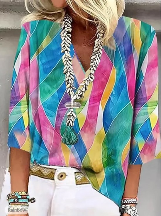 Damen Farbblock Halbarm Bluse Sommer Schalkragen Täglich Lässig Oberteile