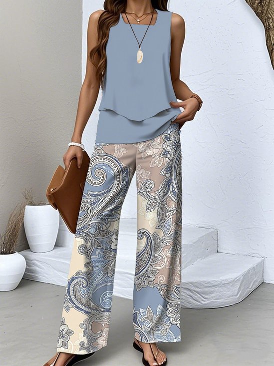 Damen Paisley Zweiteiliges Set Täglich Ärmellos Lässig Sommer Bluse mit Hose Matching Set