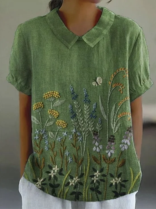 Damen Geblümt Kurzarm Bluse Sommer Print Schalkragen Täglich Lässig Oberteile