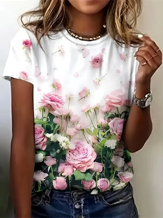 Damen Geblümt Kurzarm T-Shirts T-Shirt Rundhals Print Lässig Sommer T-Shirt mit Grafik Oberteile