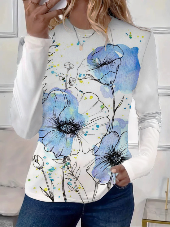 Damen Geblümt Langarm T-Shirts T-Shirt Rundhals Print Lässig Frühling/Herbst T-Shirt mit Grafik Oberteile