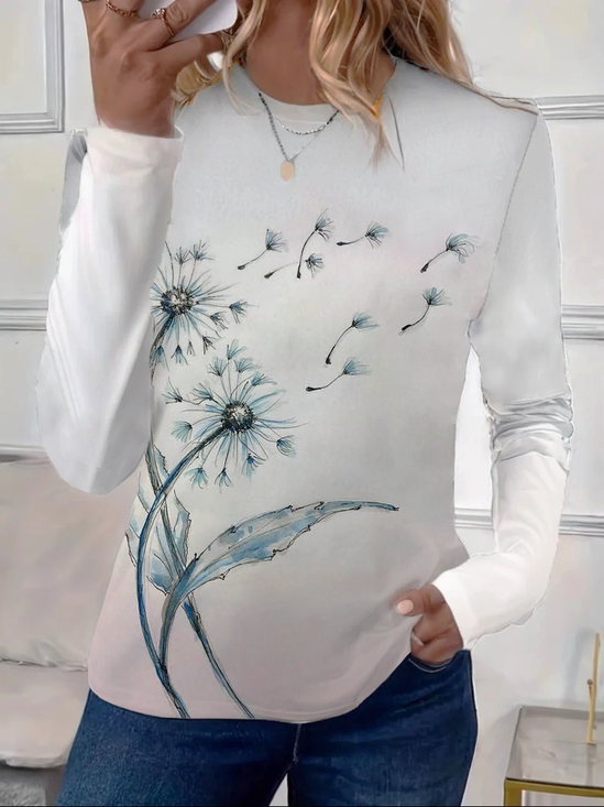 Damen Geblümt Langarm T-Shirts T-Shirt Rundhals Print Lässig Frühling/Herbst T-Shirt mit Grafik Oberteile