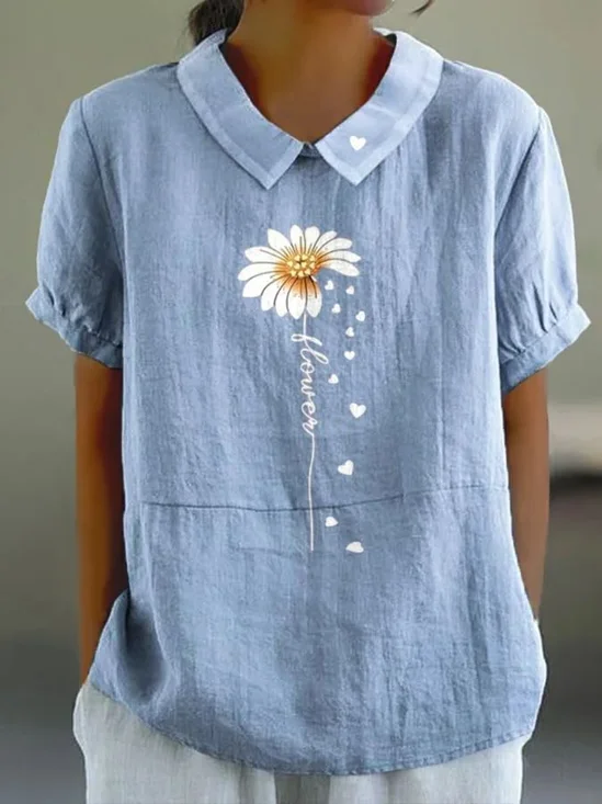Damen Geblümt Kurzarm Bluse Sommer Print Schalkragen Täglich Lässig Oberteile