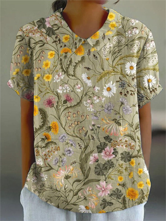 Damen Geblümt Kurzarm Bluse Sommer Print Schalkragen Täglich Lässig Oberteile