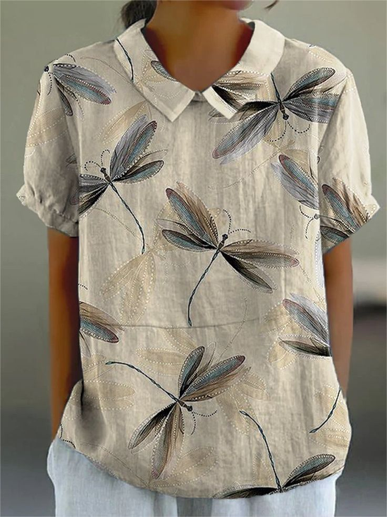 Damen Libelle Kurzarm Bluse Sommer Print Schalkragen Täglich Lässig Oberteile