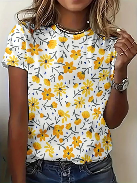 Damen Geblümt Kurzarm T-Shirts T-Shirt Rundhals Print Lässig Sommer T-Shirt mit Grafik Oberteile