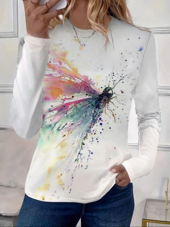 Damen Schmetterling Langarm T-Shirts T-Shirt Rundhals Print Lässig Frühling/Herbst T-Shirt mit Grafik Oberteile