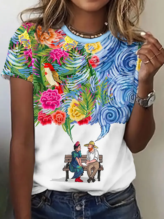 Damen Geblümt Kurzarm T-Shirts T-Shirt Rundhals Print Lässig Sommer T-Shirt mit Grafik Oberteile