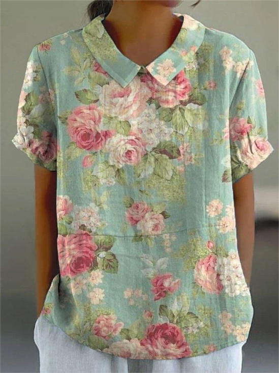 Damen Geblümt Kurzarm Bluse Sommer Print Schalkragen Täglich Lässig Oberteile