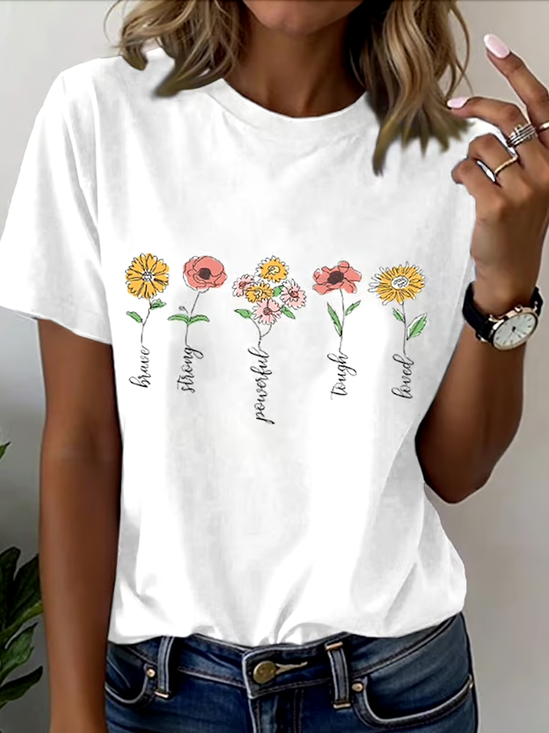 Damen Geblümt Kurzarm T-Shirts T-Shirt Rundhals Lässig Sommer Oberteile