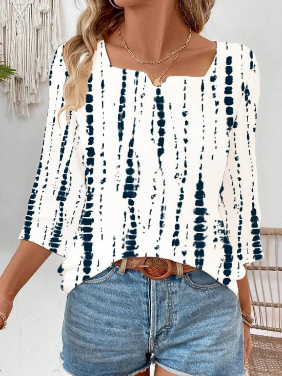 Damen Gestreift Dreiviertelärmel Bluse Frühling/Herbst Print Gekerbt Täglich Lässig Oberteile