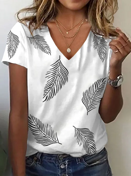 Damen Feder Kurzarm T-Shirts T-Shirt V-Ausschnitt Print Lässig Sommer T-Shirt mit Grafik Oberteile