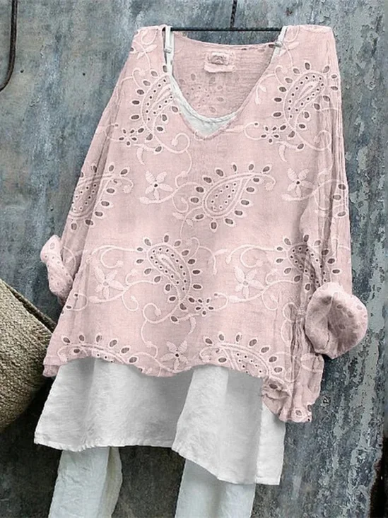 Damen Paisley Langarm T-Shirts T-Shirt V-Ausschnitt Retro Frühling/Herbst Oberteile