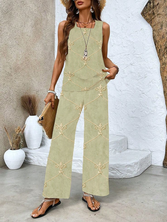 Damen Geblümt Print Zweiteiliges Set Täglich Ärmellos Lässig Sommer Bluse mit Hose Matching Set