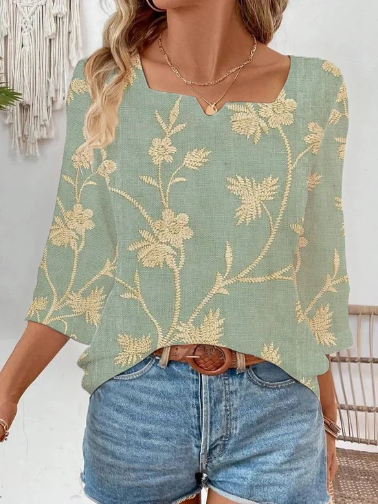 Damen Geblümt Dreiviertelärmel Bluse Frühling/Herbst Print Gekerbt Täglich Lässig Oberteile